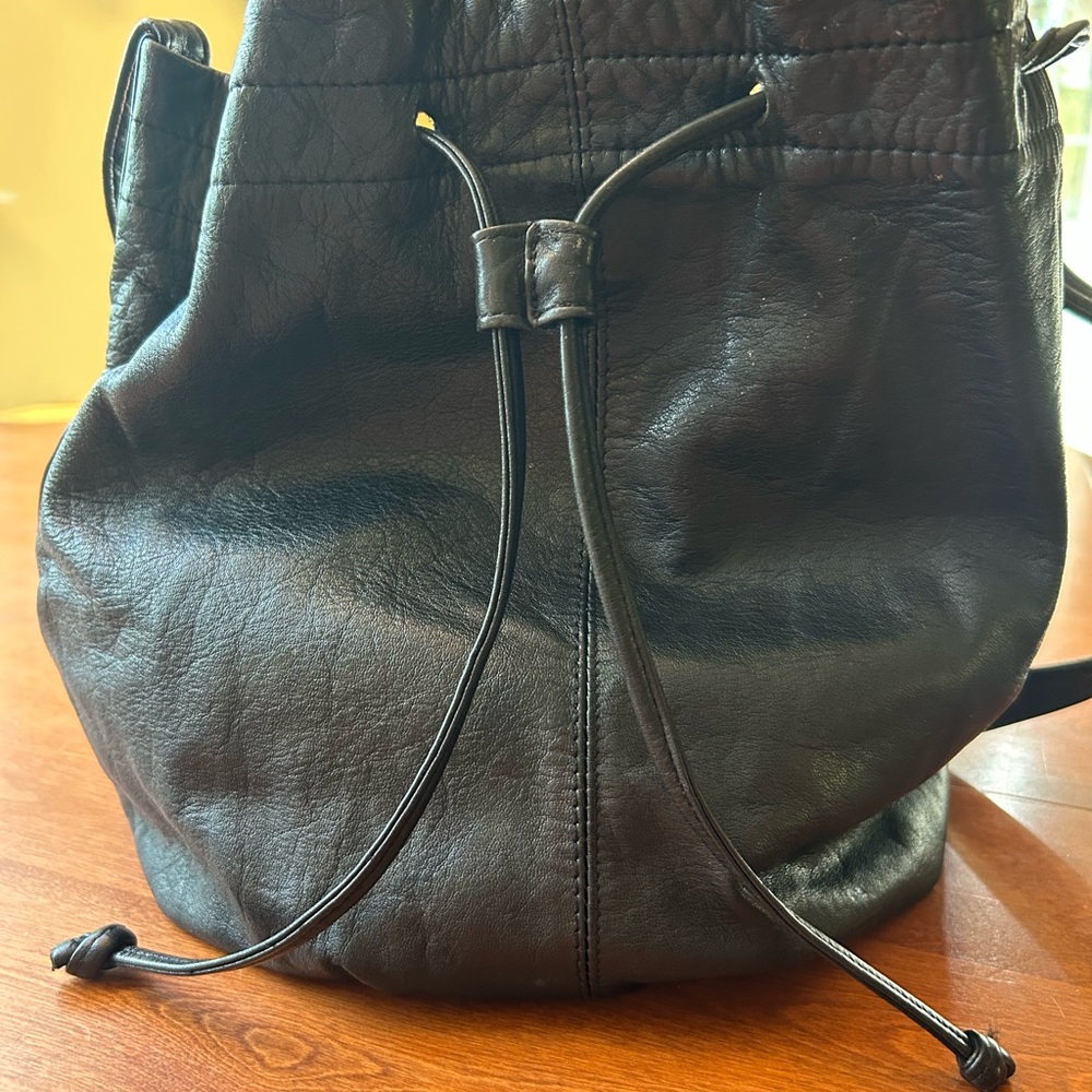 Black Hobo Leather Bag with Drawstring Closure
